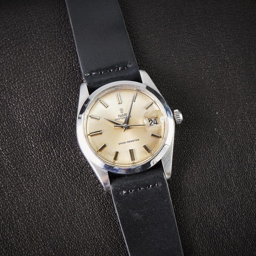 Vintage Tudor Oyster Date black leather strap