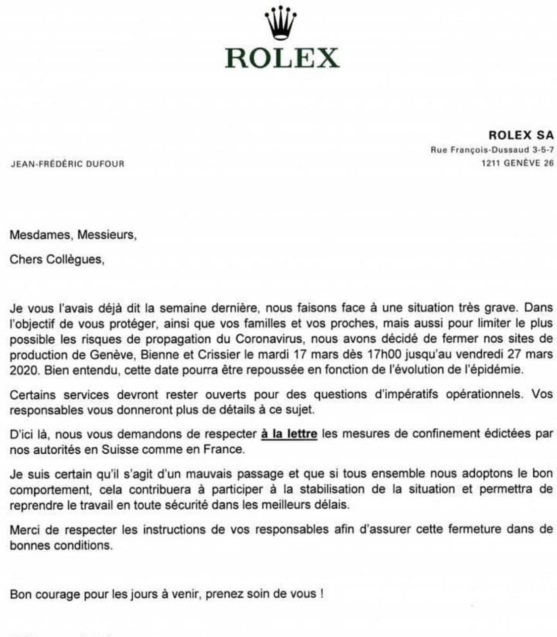 Rolex Fermeture Des Sites Production Du 17 Mars Au 27 Mars 2020