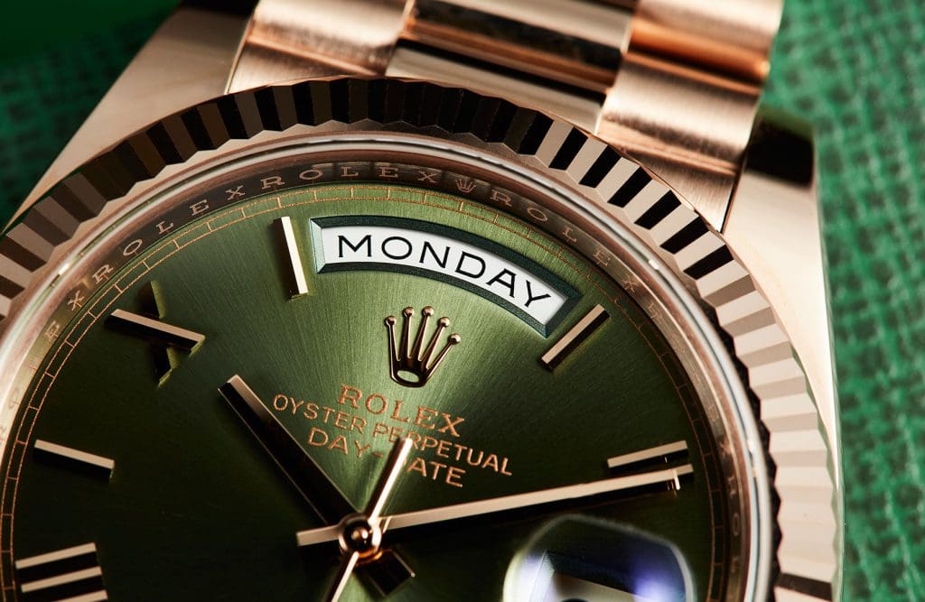Olive and rose gold is the dream combination we still cannot get over, especially in this Rolex Day-Date 40