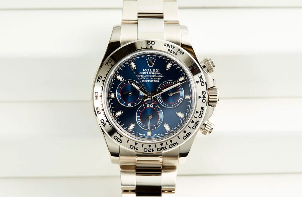 The heavy-hitting Rolex Daytona in white gold with blue dial (ref. 116509)