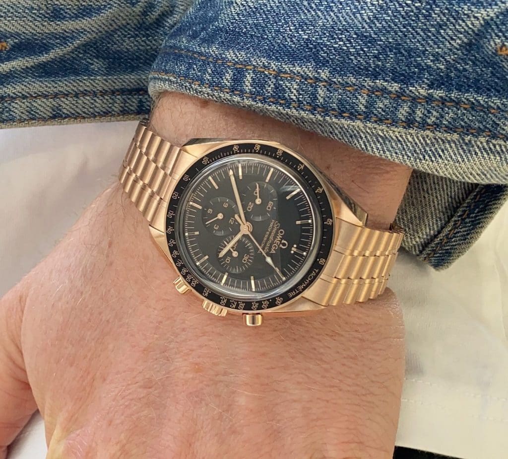 The Omega Speedmaster Moonwatch Sedna Gold elevates a week of work-from-home looks