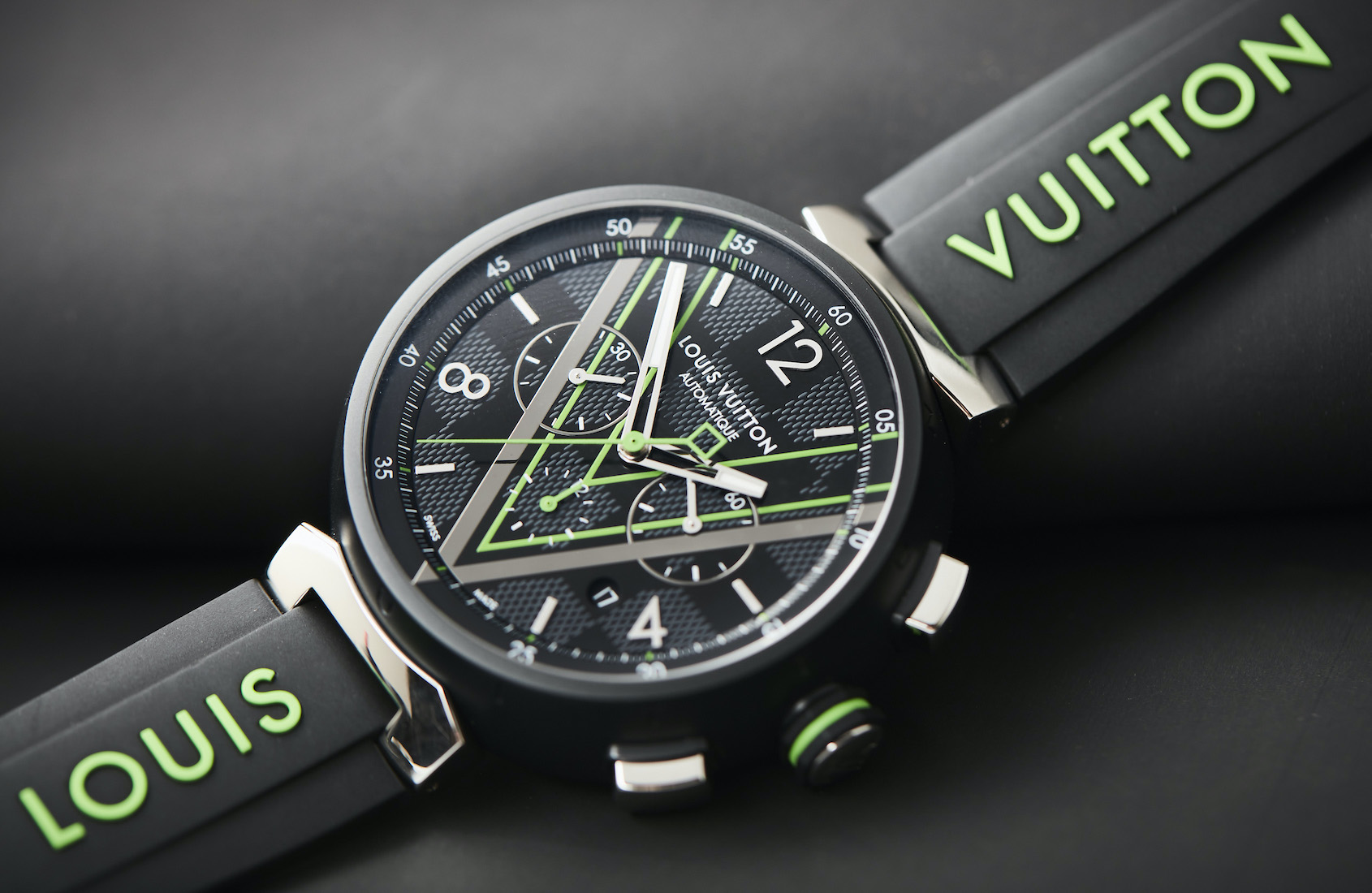 HANDS-ON: The Louis Vuitton Tambour Damier Graphite Race Chronograph brings  green lasers to a gun fight