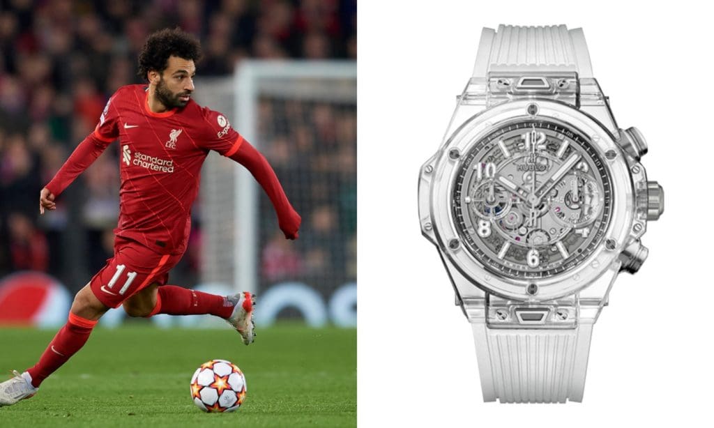 Liverpool’s Mo Salah shows his wristwear is as dazzling as his football with his Hublot Big Bang Unico Sapphire