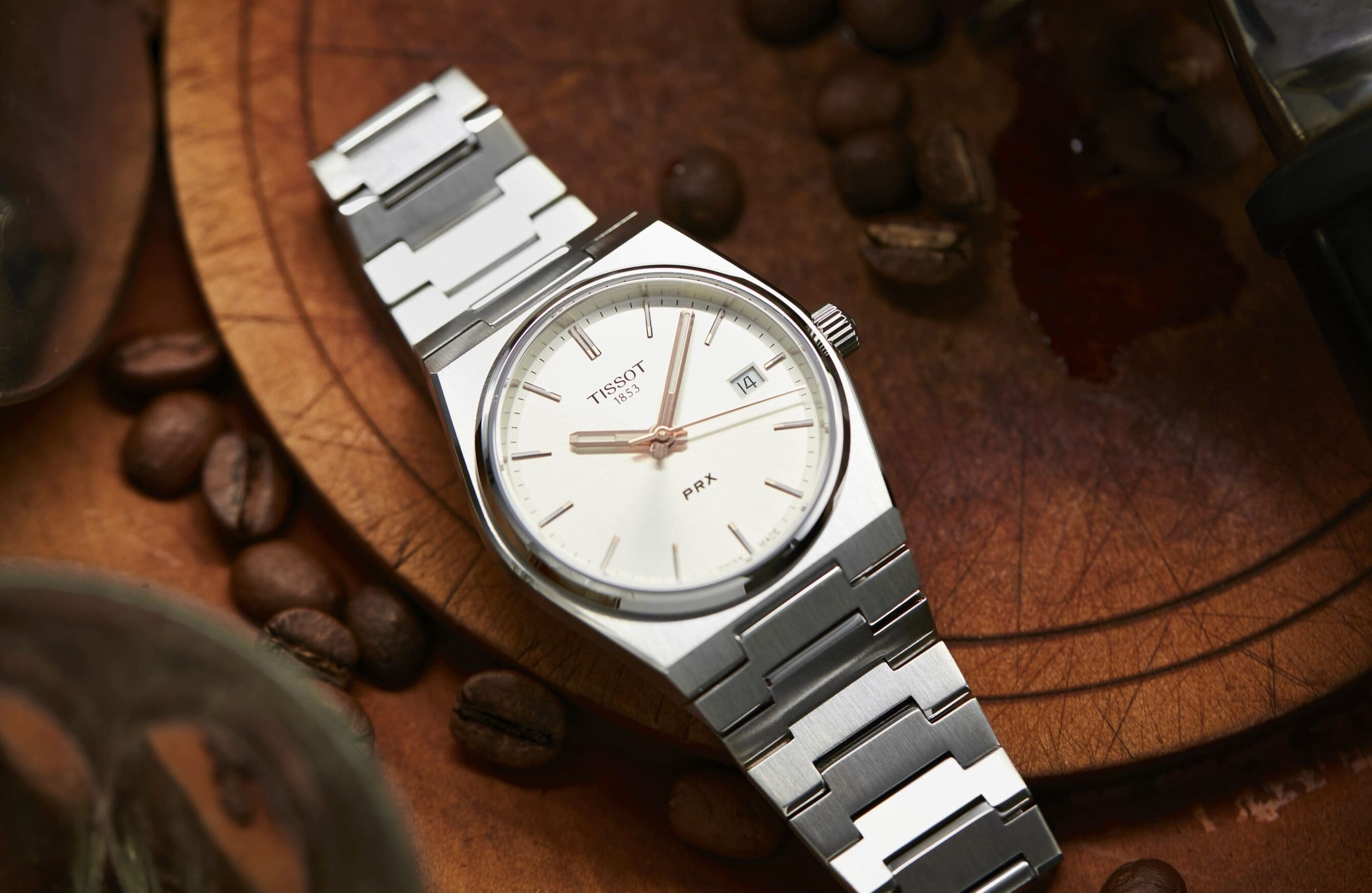 Silver Tissot PRX with opaline silver dial