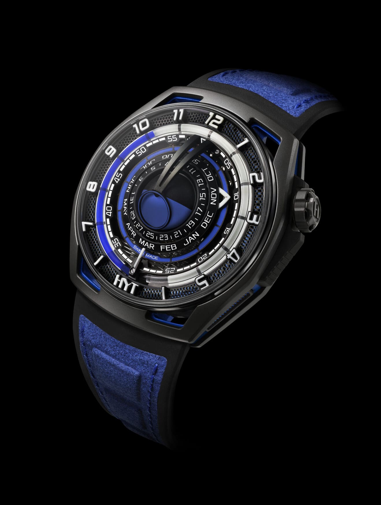 HYT reinterpret the classic moonphase with their futuristic Moon Runner Supernova Blue