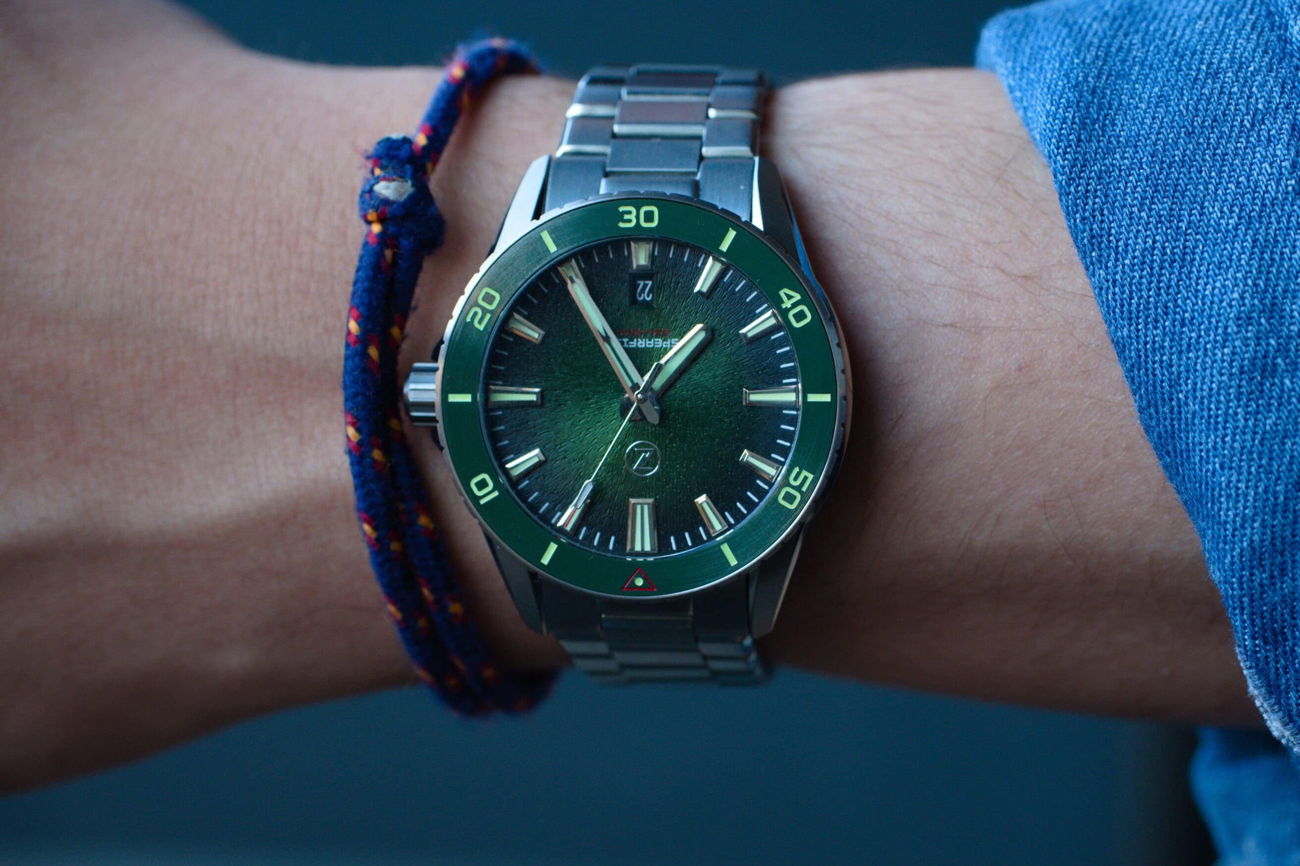 Zelos Spearfish 40mm dive watch with green dial on wrist.