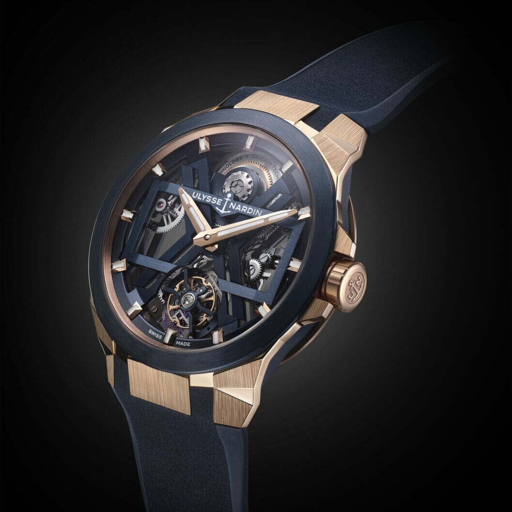 The Ulysse Nardin Blast Tourbillon Blue & Gold offers exemplary in-house machined mastery