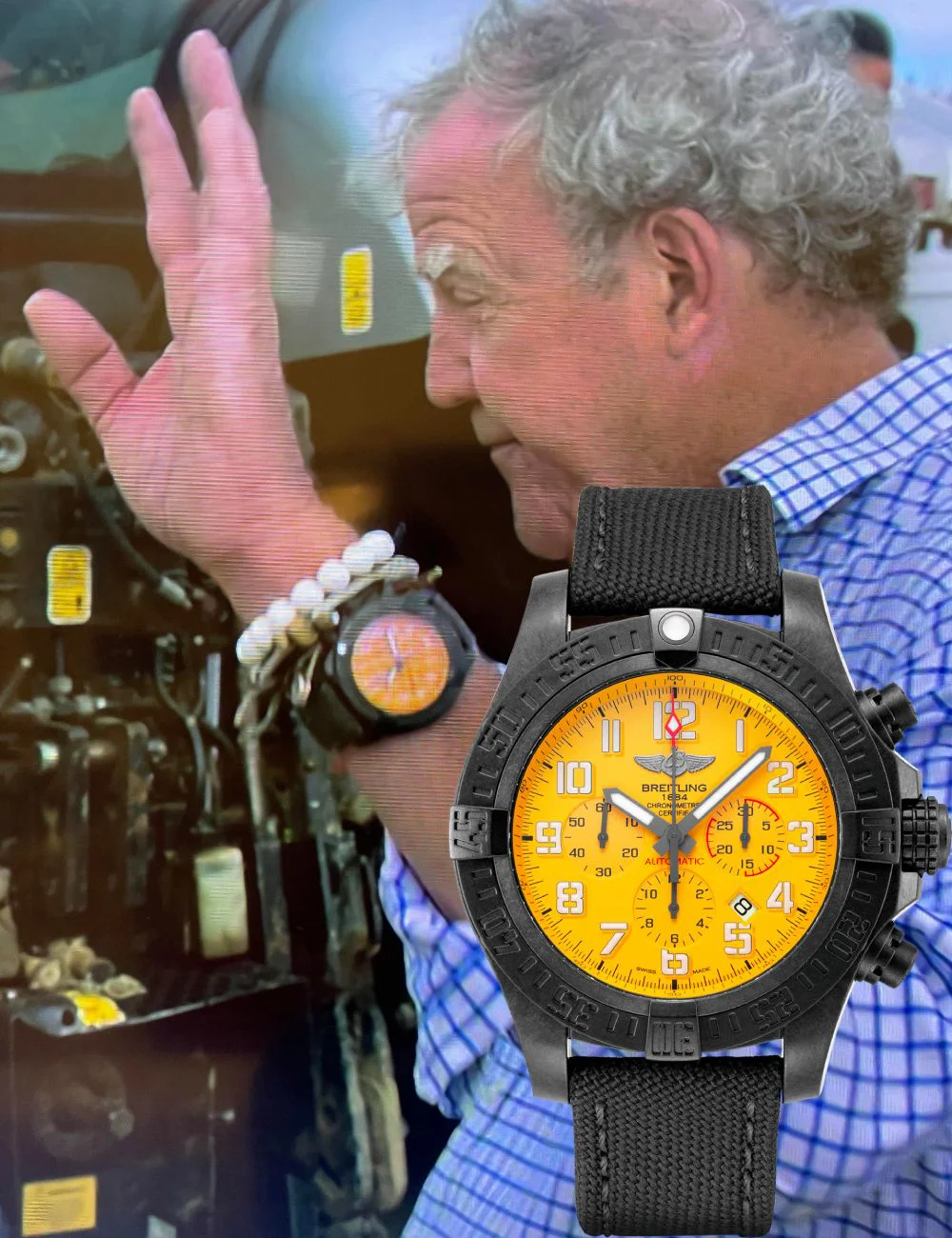 Jeremy Clarkson sports a bright dialled Breitling for Clarkson s