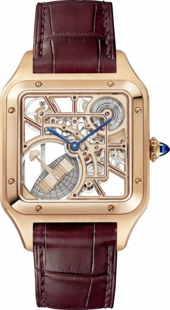 Cartier Santos Dumont Skeleton gold case brown leather strap