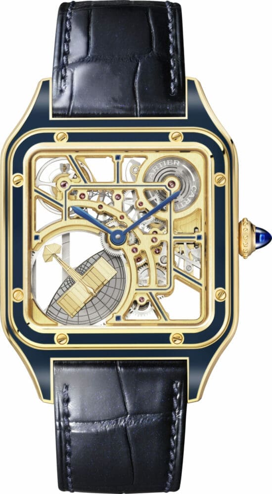 Cartier Santos Dumont Skeleton gold blue leather strap