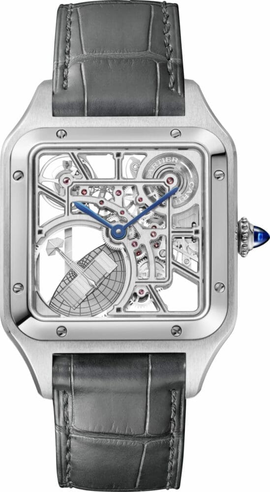 Cartier Santos Dumont Skeleton stainless steel grey leather strap