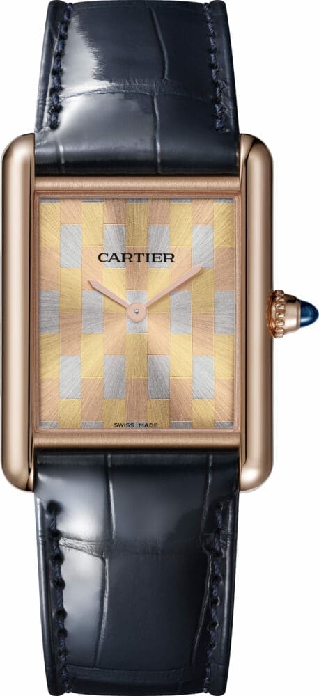 new Cartier Tank Louis Cartier models mosaic dial rose gold case blue leather strap