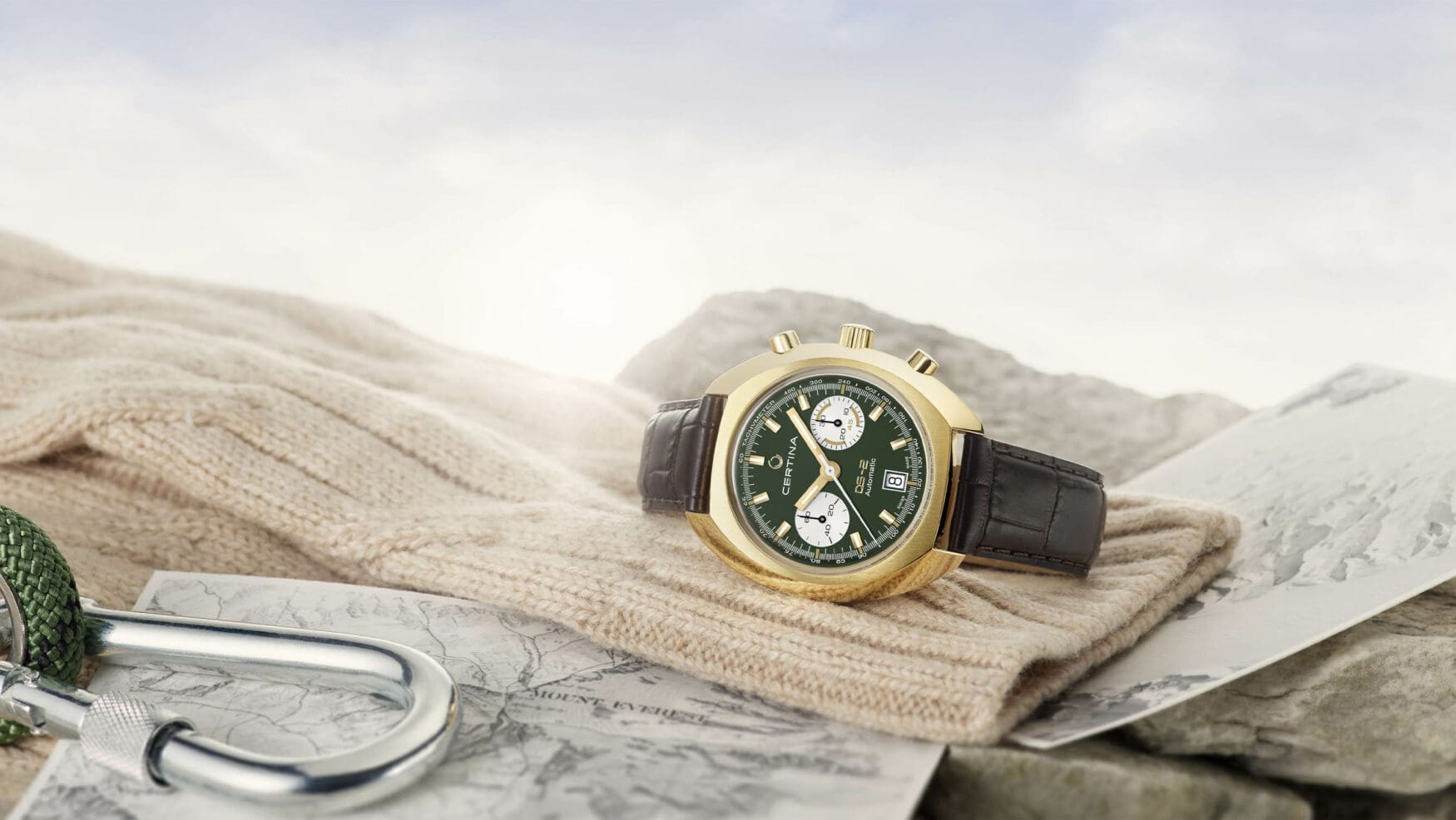 The Certina DS-2 Chronograph Automatic in green and gold is retro chic