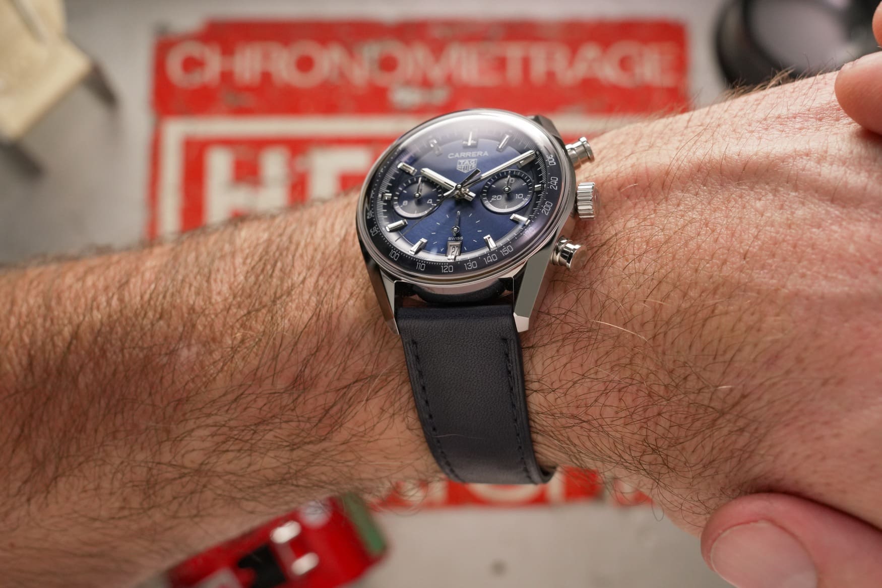 TAG Heuer Carrera Chronograph 39mm Glassbox blue dial on wrist
