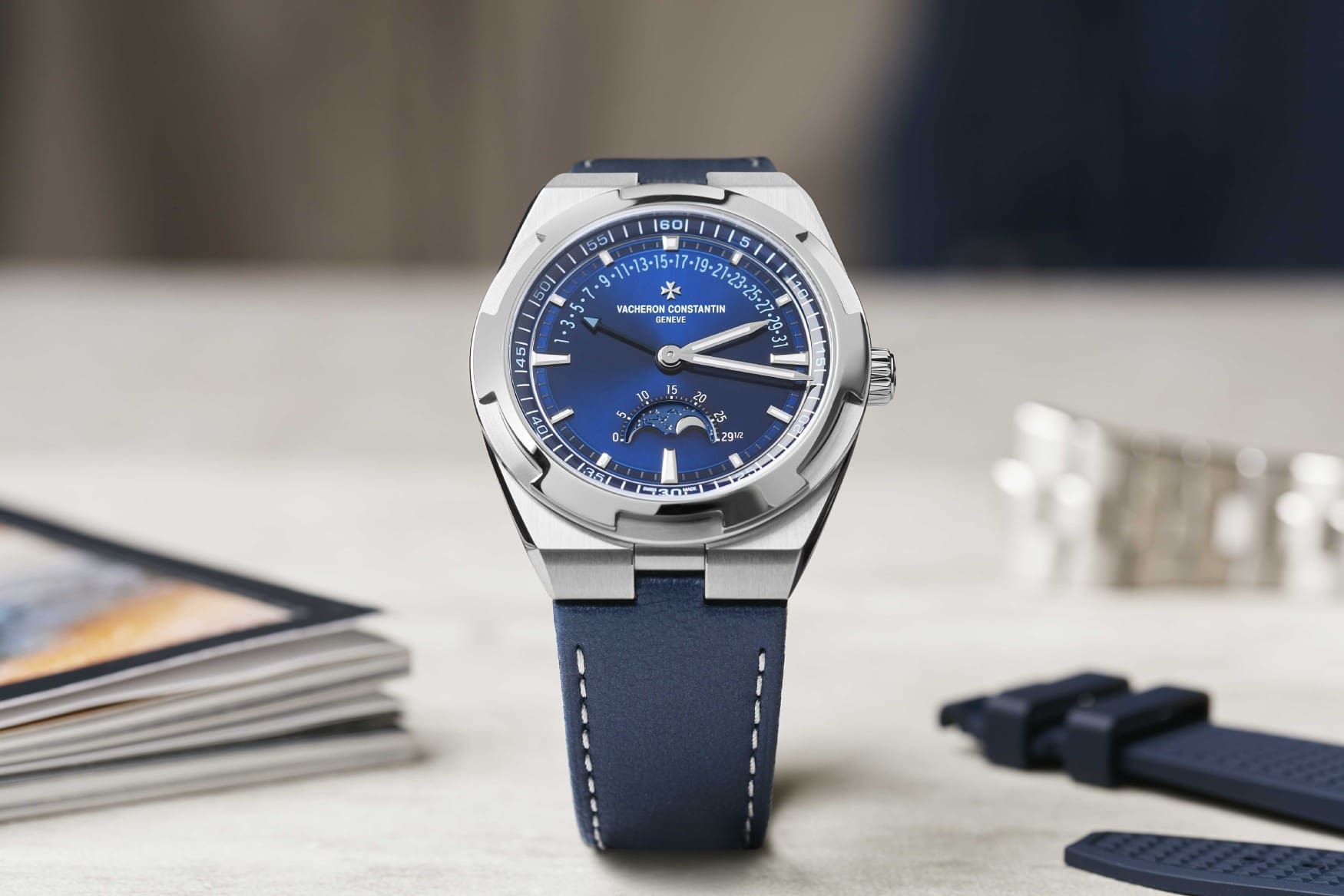Vacheron Constantin Overseas Moon Phase Retrograde Date blue dial and leather strap