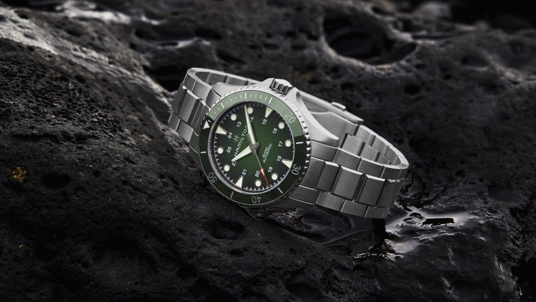 New Hamilton Khaki Navy Scuba watches come in one green colour, but two sizes