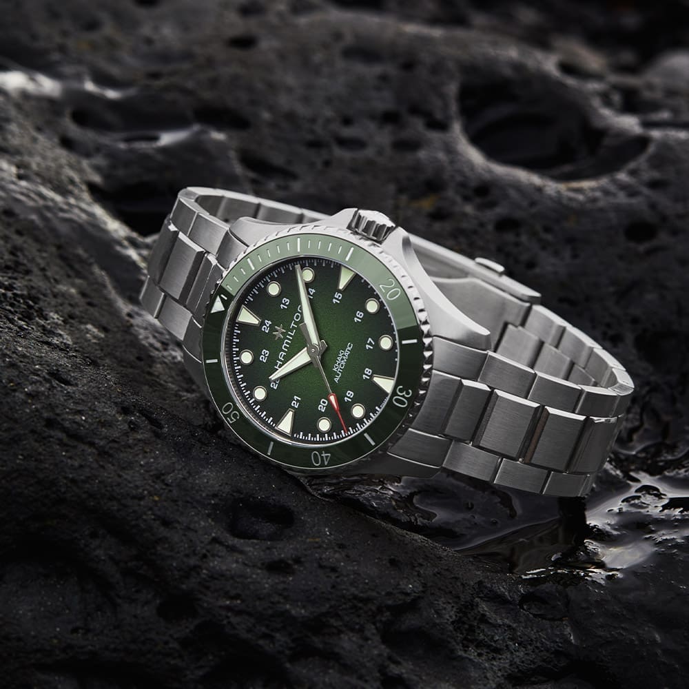 New Hamilton Khaki Navy Scuba watches come in one green colour, but two sizes