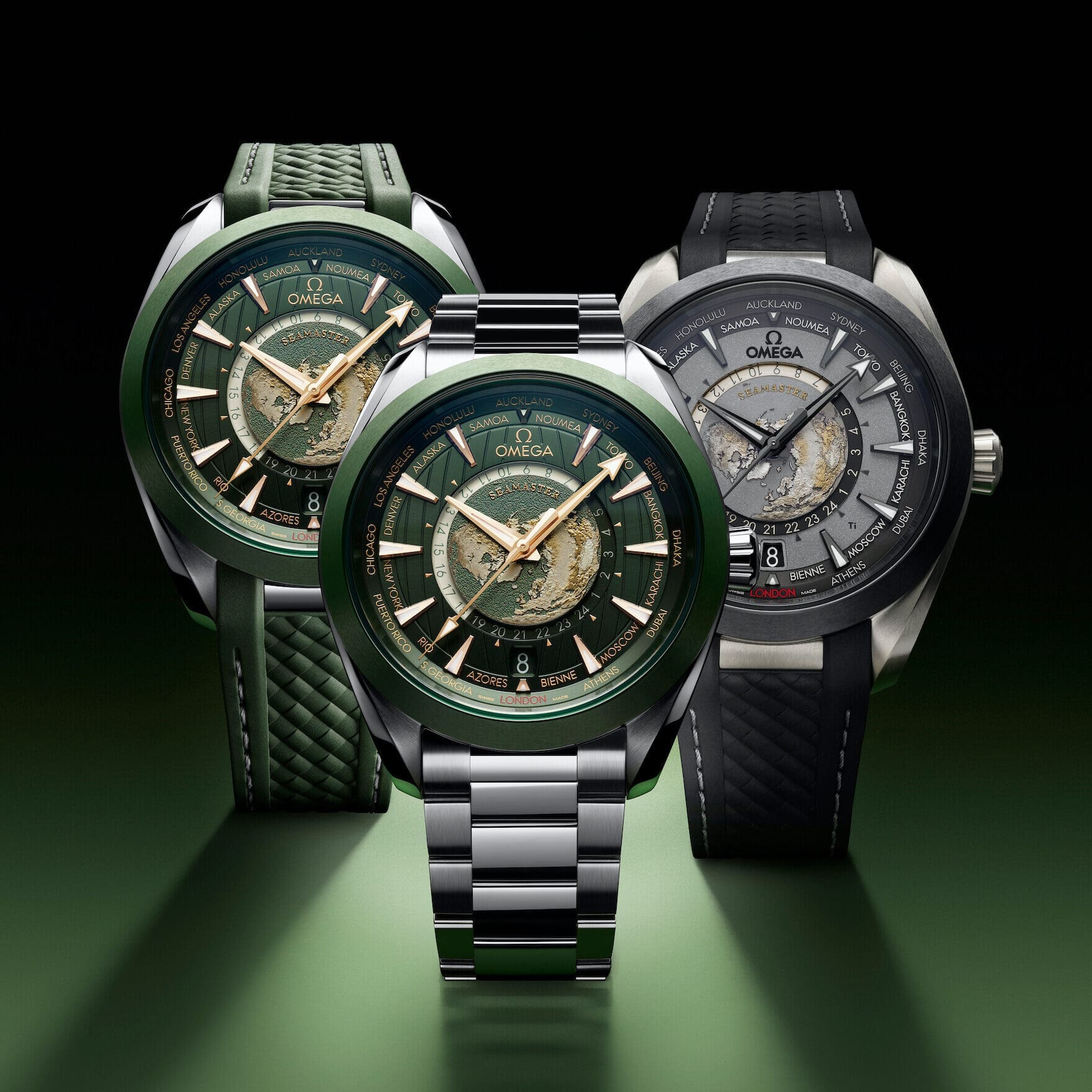 Omega revisits the Seamaster Aqua Terra Worldtimer with new titanium and steel models with coloured ceramic bezels