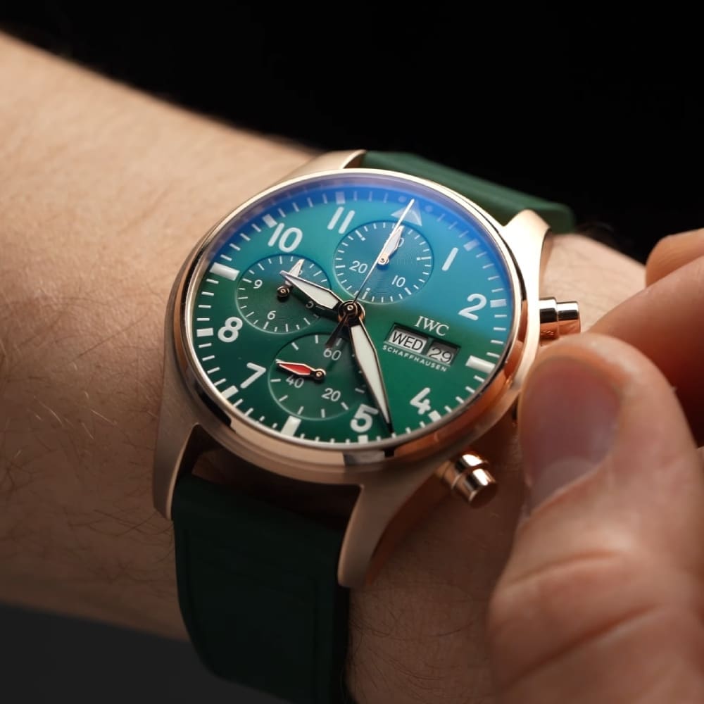 IWC’s green-dialled Pilot’s Chrono in rose gold is a luxe take on a tool watch