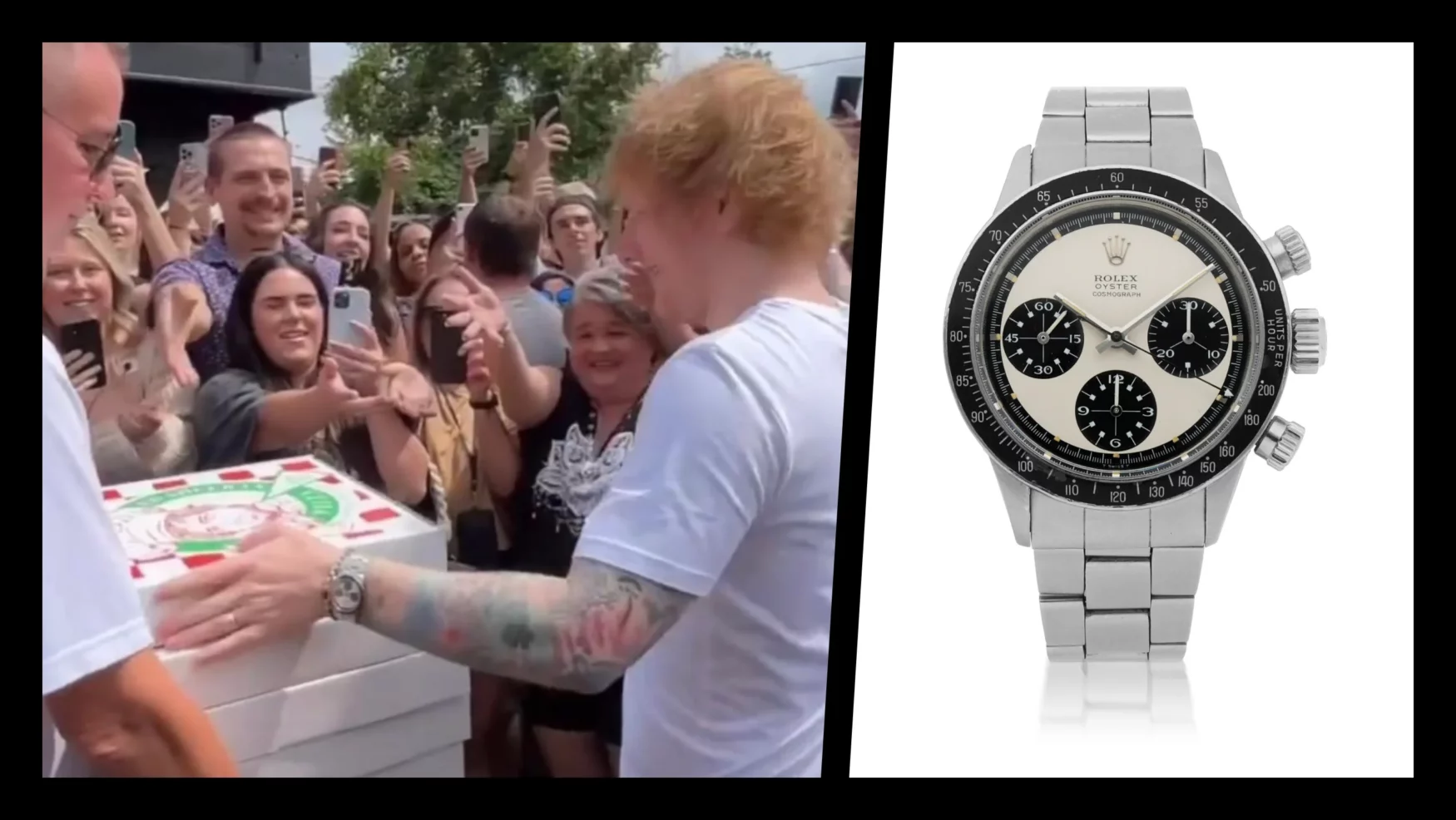 Ed Sheeran hands out free pizzas while wearing a six-figure “Paul Newman” Rolex Daytona ref. 6263