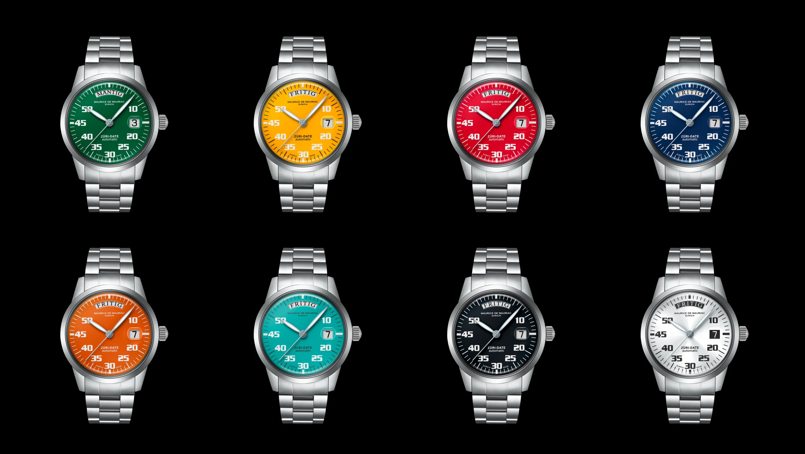 The new Maurice de Mauriac Züri Date collection offers a rainbow of 8 watches inspired by the colours of Zurich tram lines