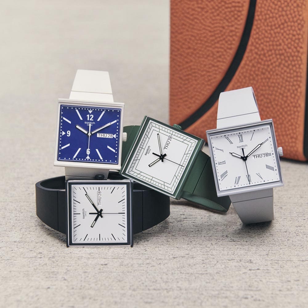 The new Swatch Bioceramic What If? collection reimagines their round 1983 debut as square