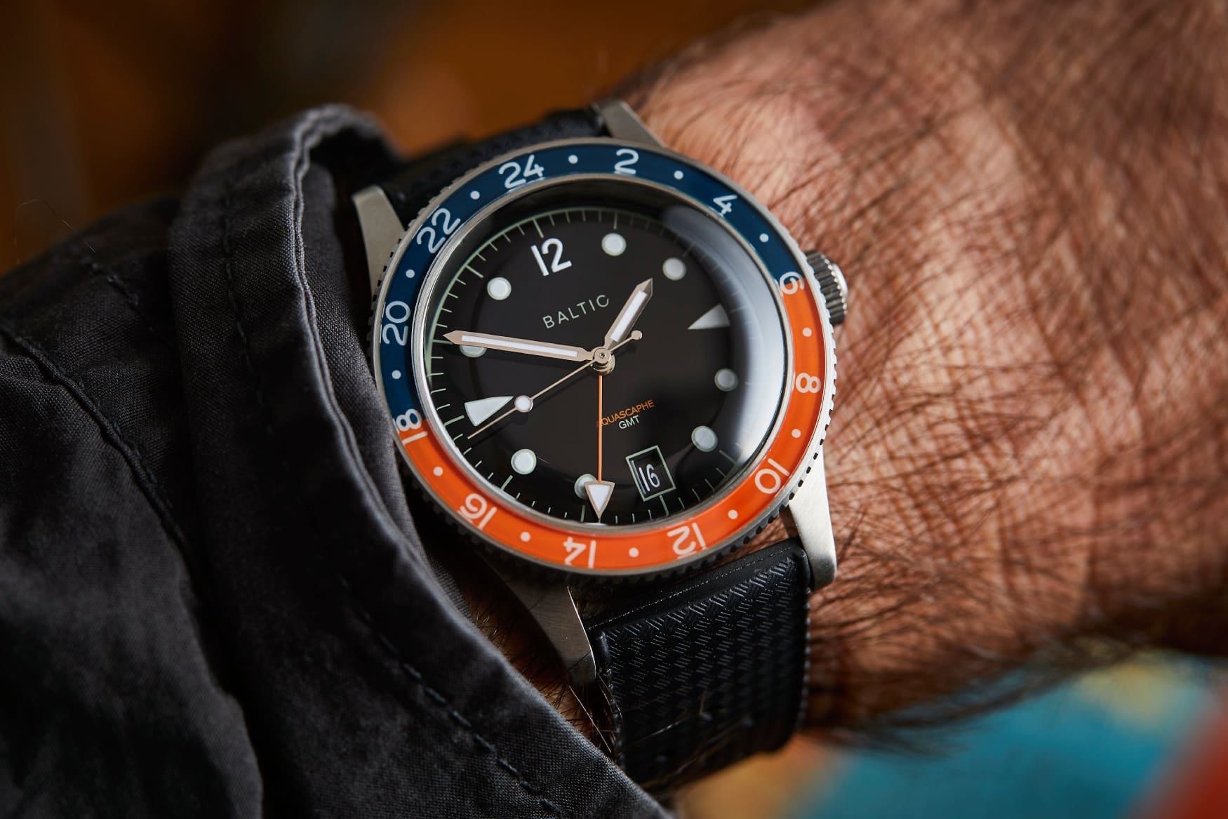 baltic aquascaphe gmt orange blue tropic strap wrist