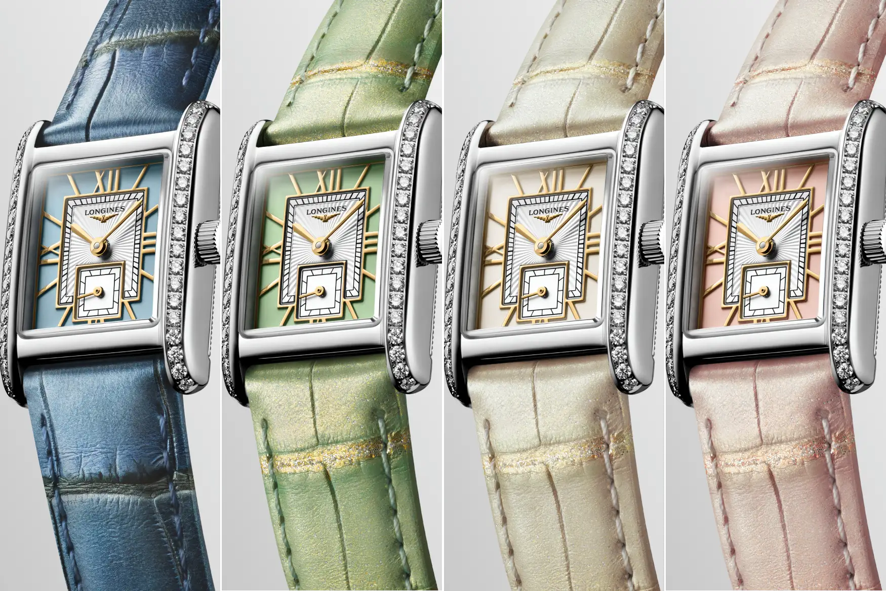 longines mini dolcevita colourful rectangular dial leather strap diamonds collection