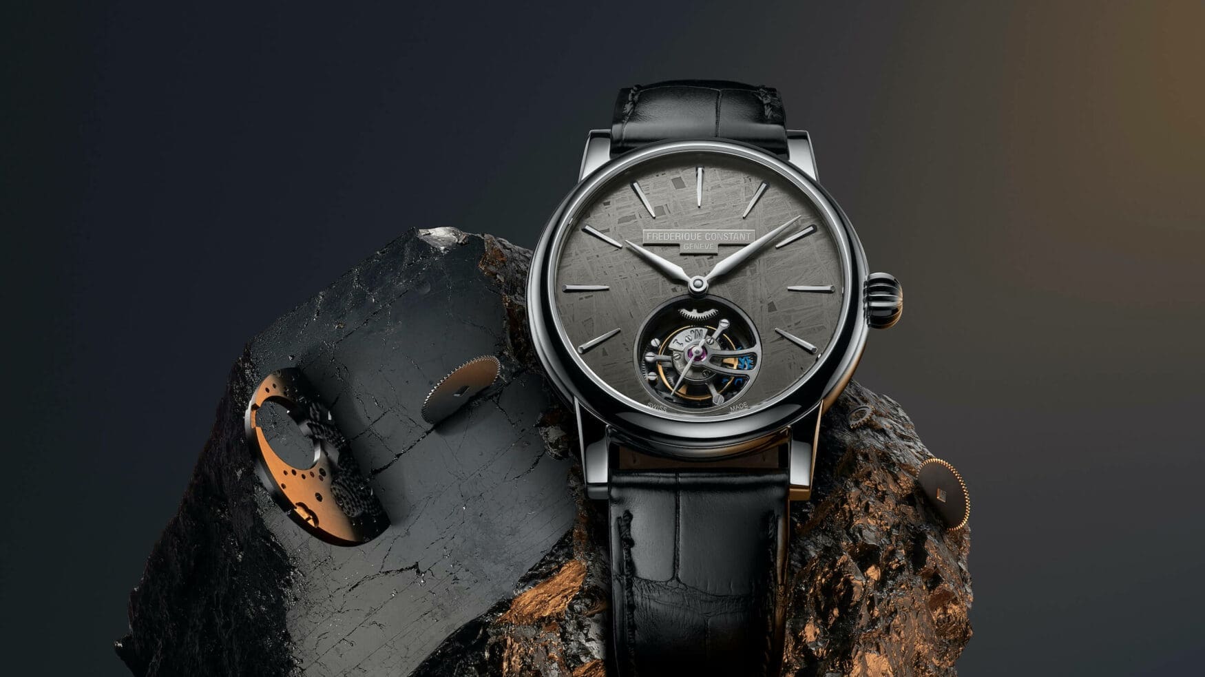 This Frederique Constant Classic Tourbillon Meteorite Manufacture has their first-ever entirely hand-decorated movement
