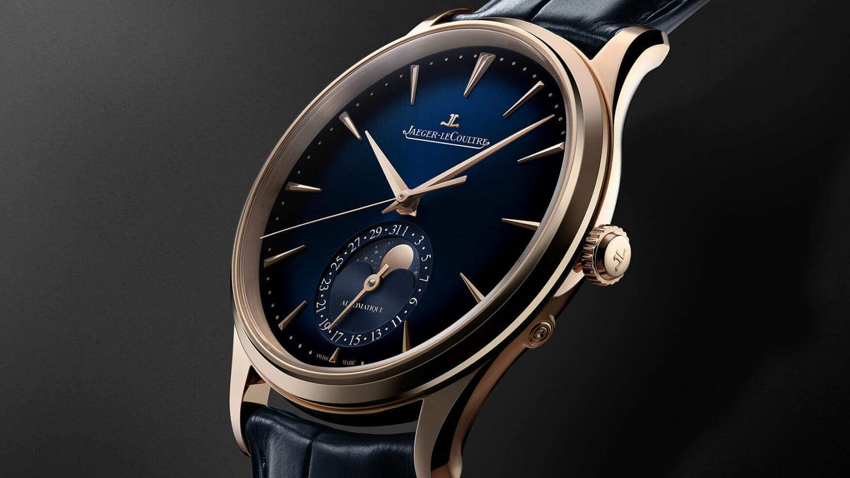 The Jaeger-LeCoultre Master Ultra Thin Moon brings the cool in a deep, jazzy blue