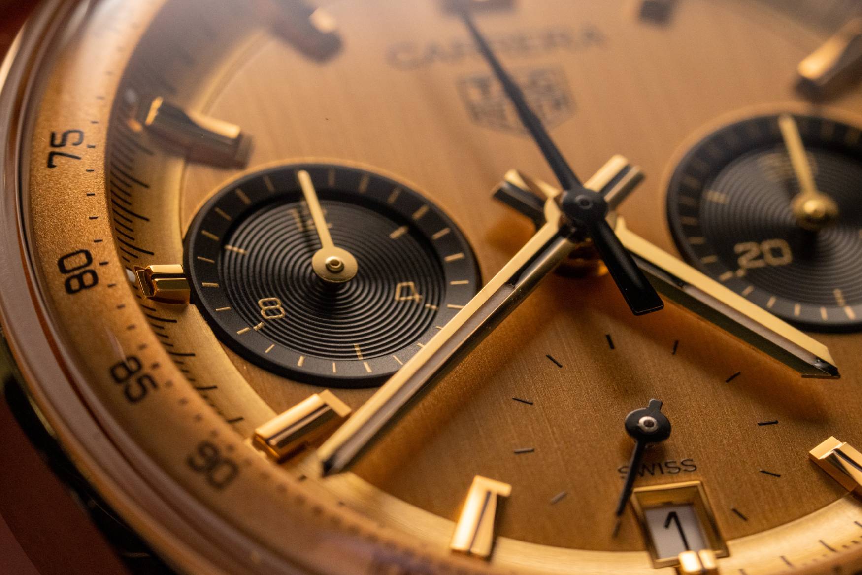 TAG Heuer Carrera Glassbox Gold dial closeup