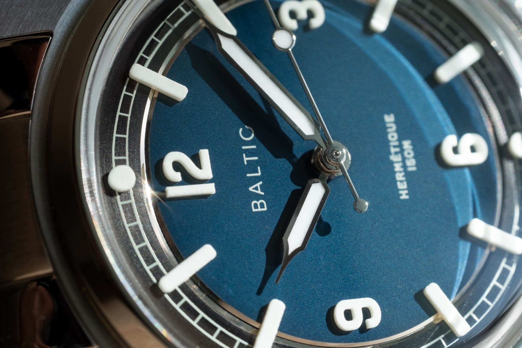 baltic hermetique tourer blue dial flat link bracelet dial close up