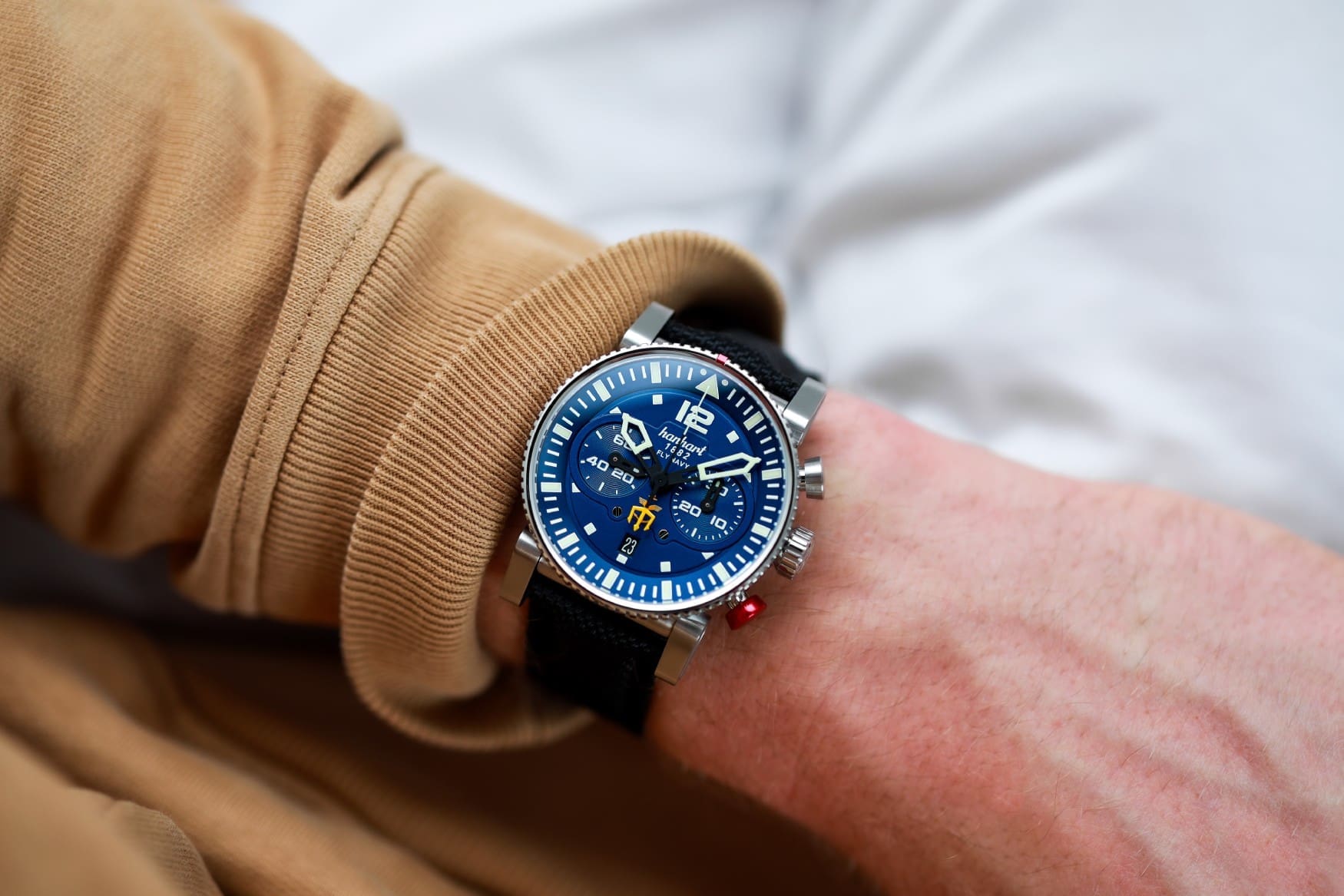 hanhart primus fly navy chronograph stainless steel wrist