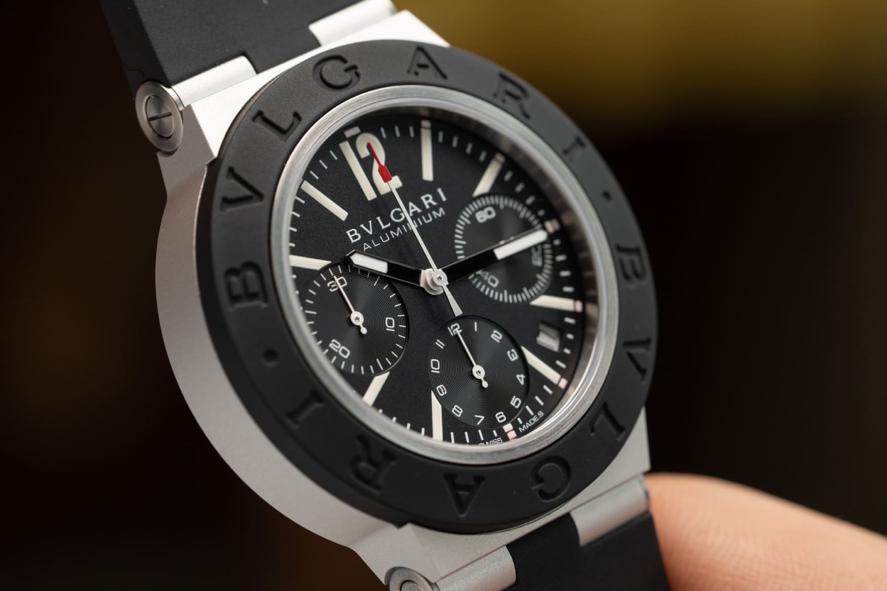 bulgari aluminium chronograph black dial close up