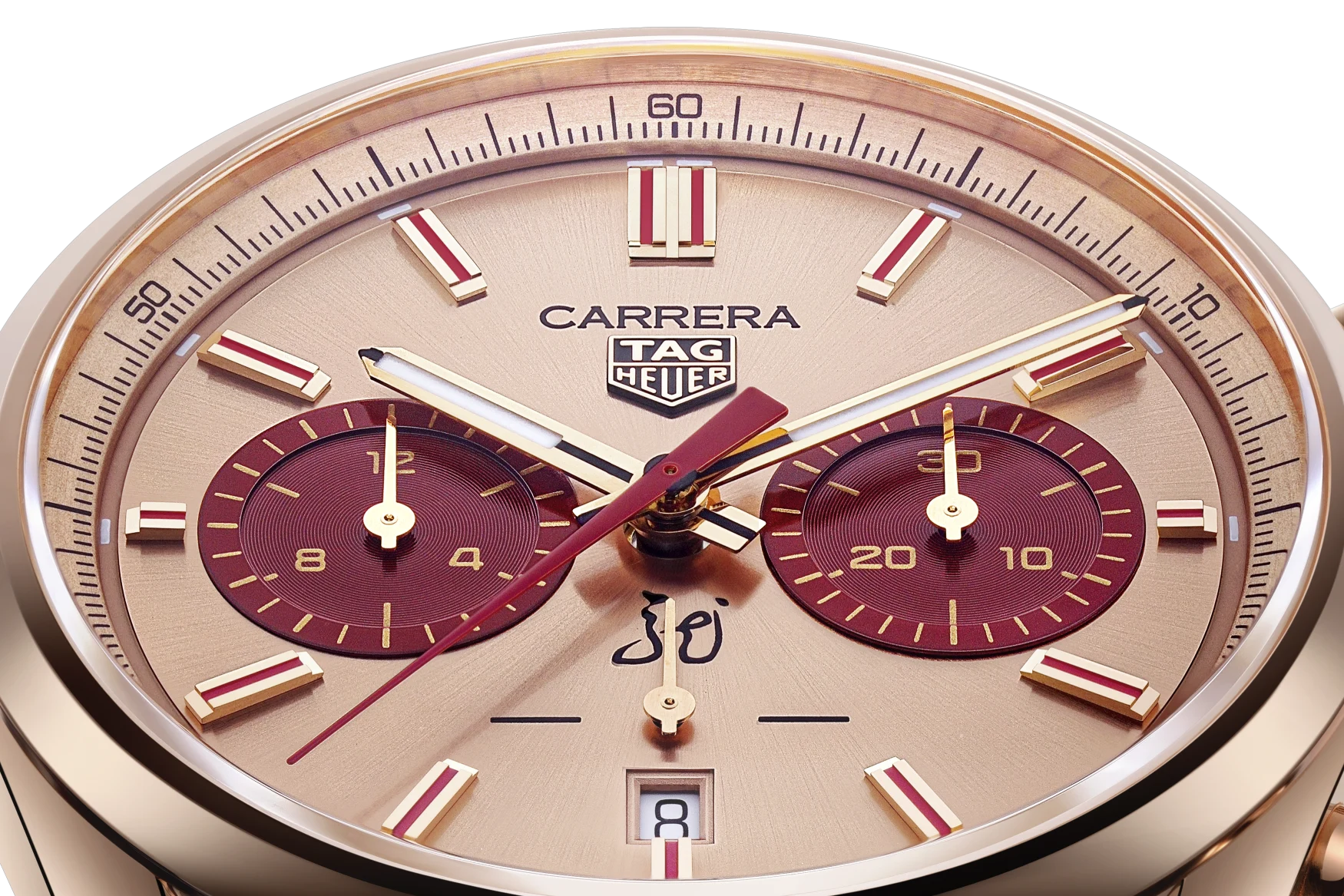 tag heuer carrera chronograph year of the dragon gold edition dial close up
