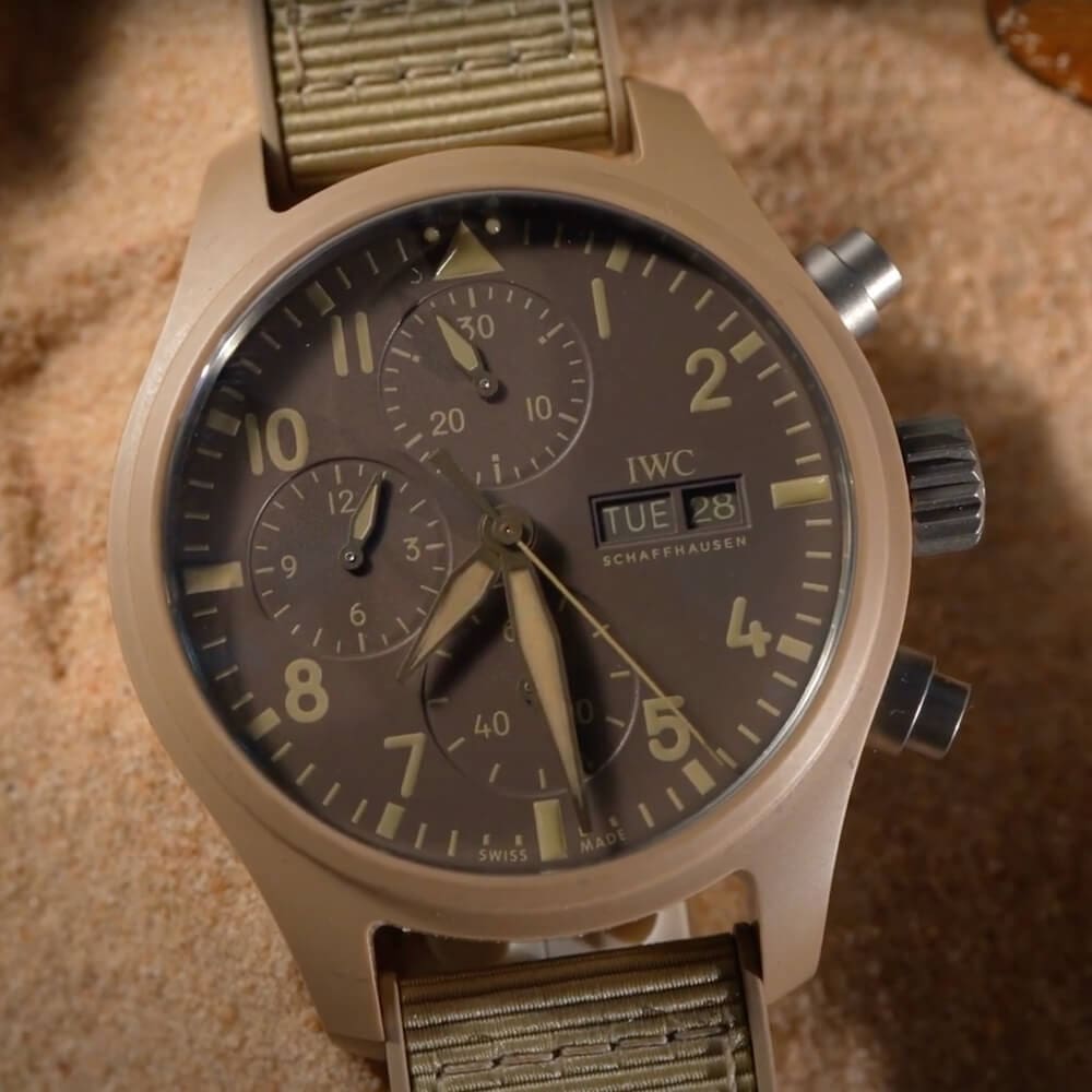 The IWC Pilot’s Watch Chronograph 41 TOP GUN Mojave Desert is the first time this colour has debuted in this size