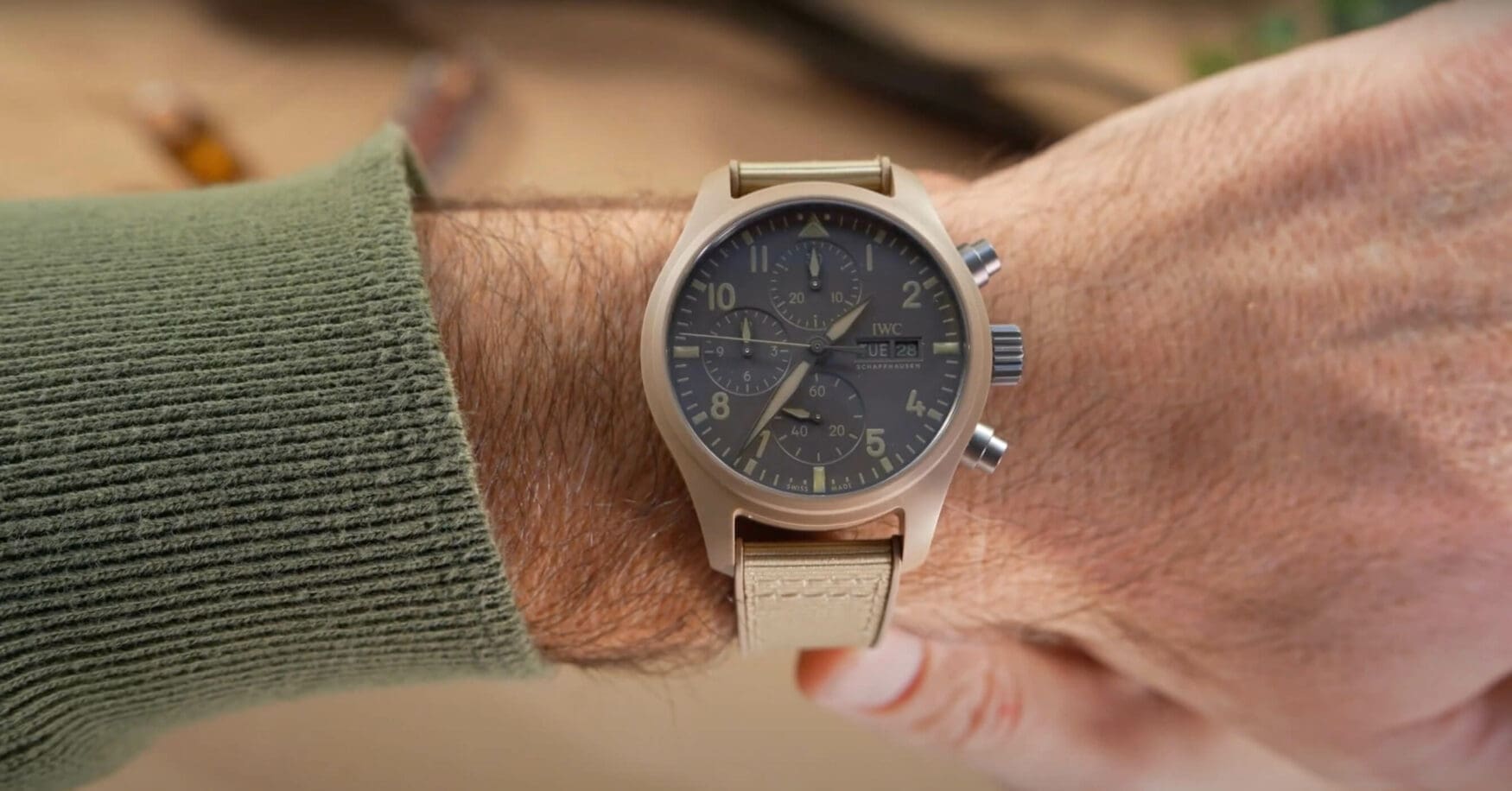 The IWC Pilot’s Watch Chronograph 41 TOP GUN Mojave Desert is the first time this colour has debuted in this size
