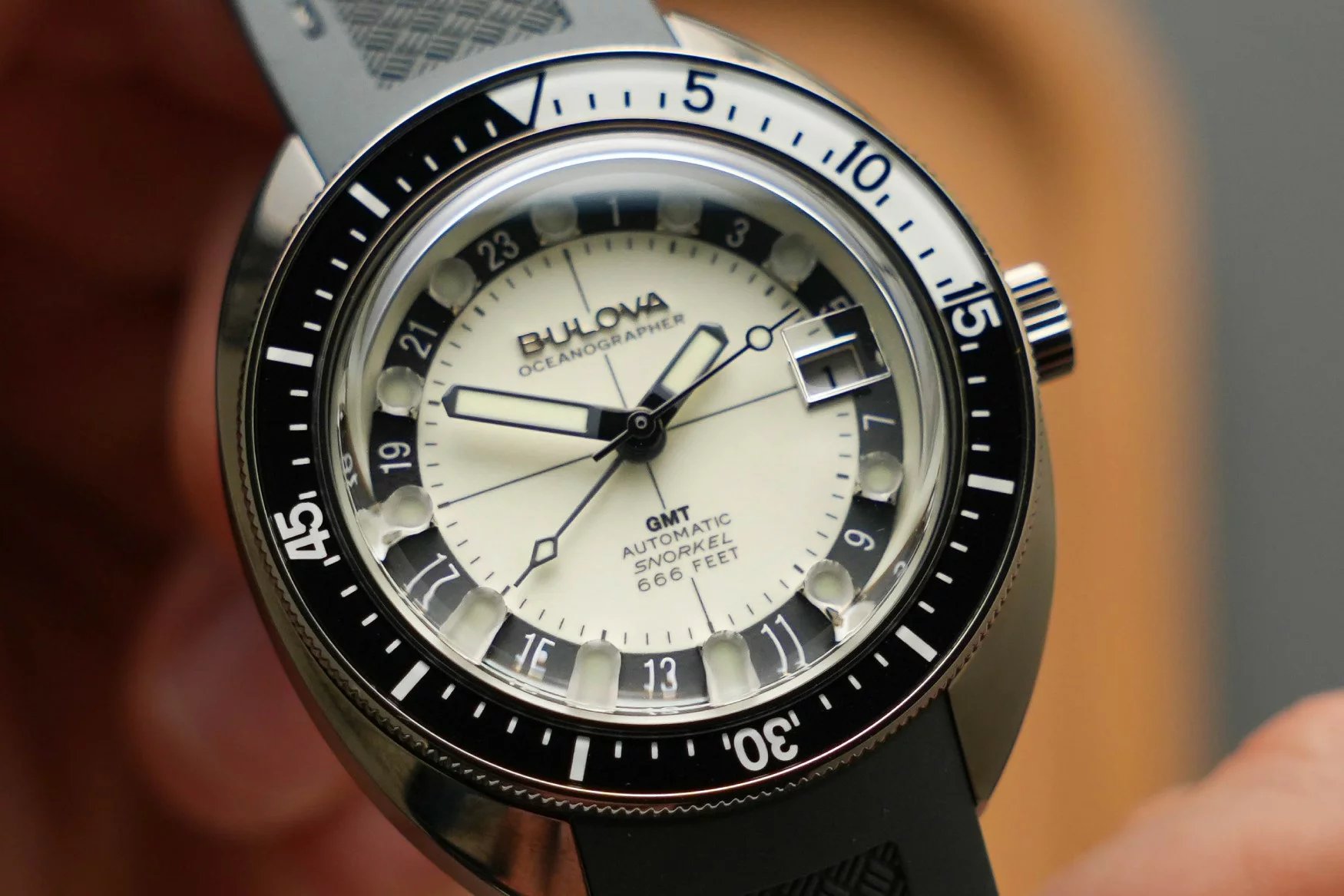 Bulova Devil Diver (666 ft on the dial) is part of the Oceanographer collection. Vintage looking diver with vibrant orange dial and amazing lume candles at the markers. The integrated rubber strap