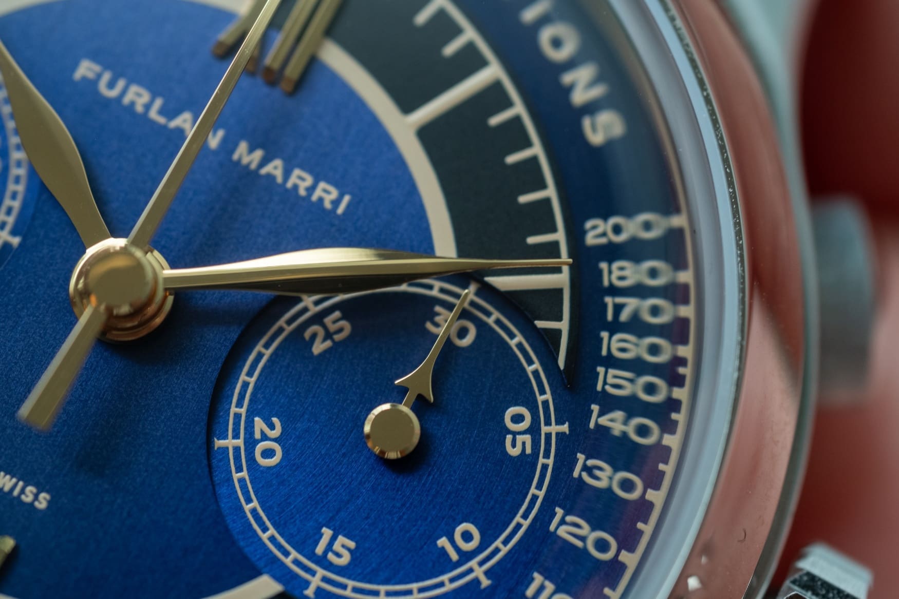 furlan marri mechanical flyback chronograph blue dial close up