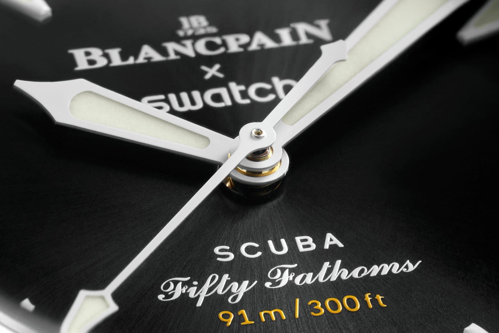 swatch blancpain scuba fifty fathoms ocean of storms dial close up