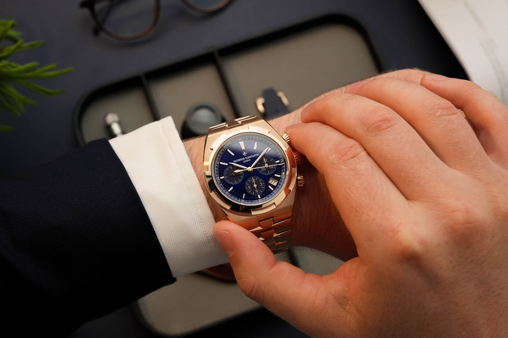 vacheron constantin overseas chronograph pink gold blue dial wrist