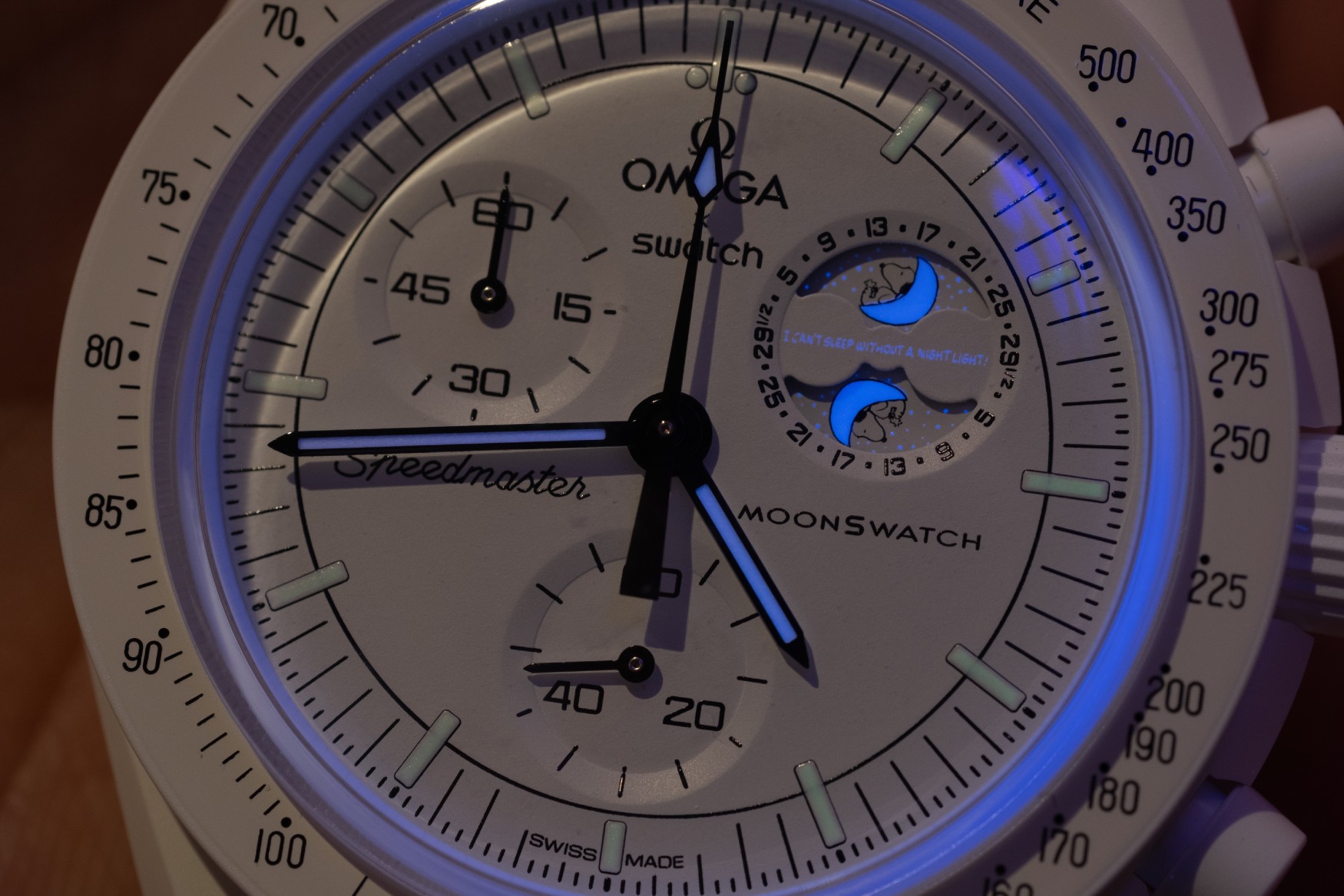 swatch omega moonswatch mission to the moonphase snoopy lume dial