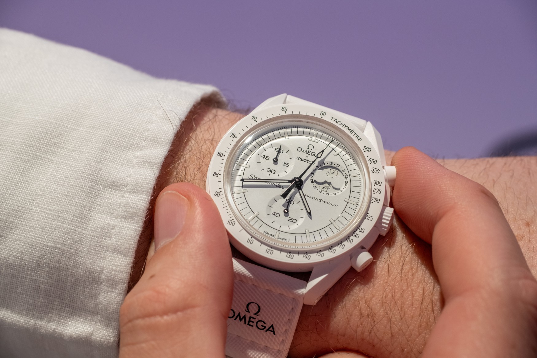 swatch omega moonswatch mission to the moonphase snoopy wrist