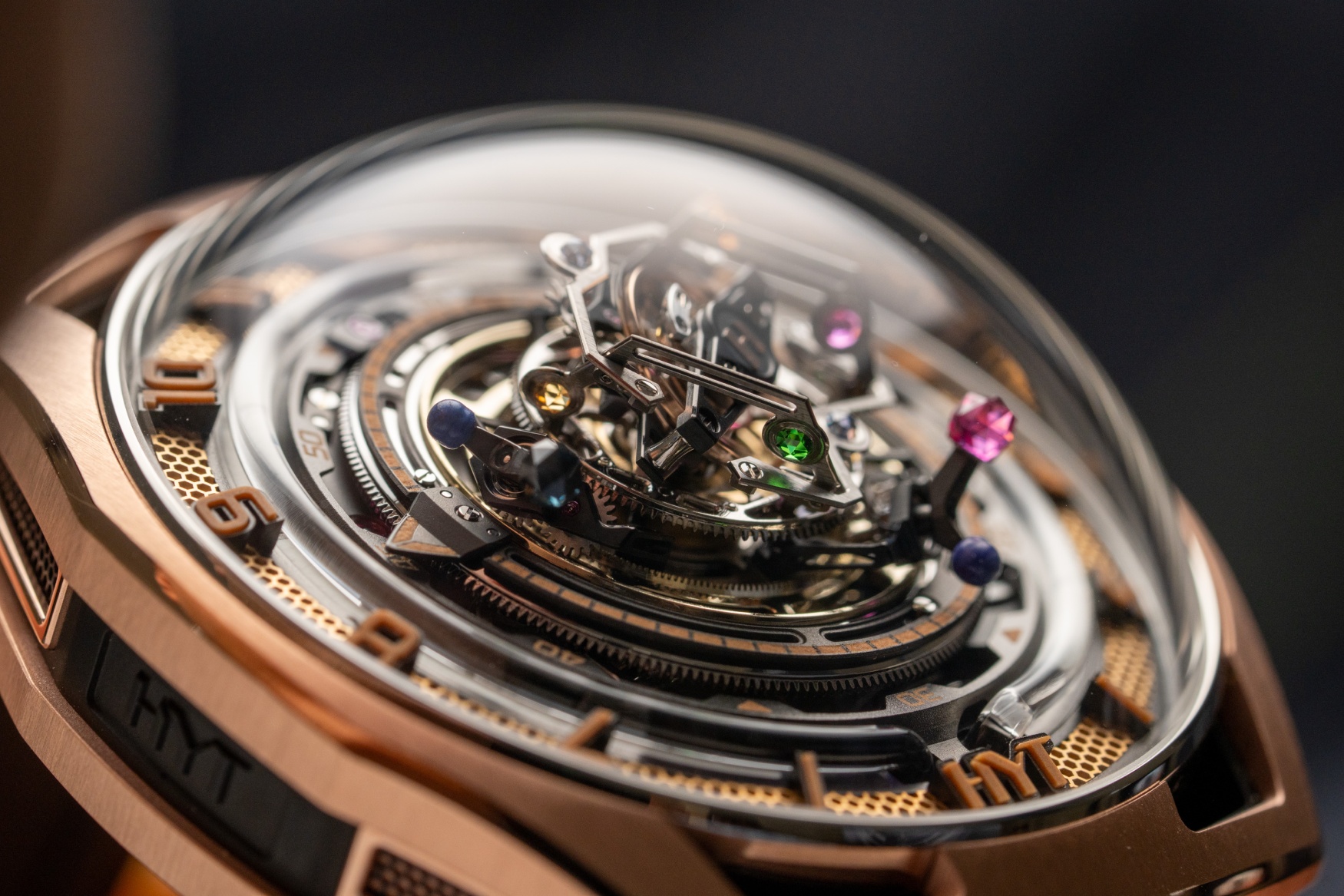 hyt conical tourbillon infinity sapphires dial close up