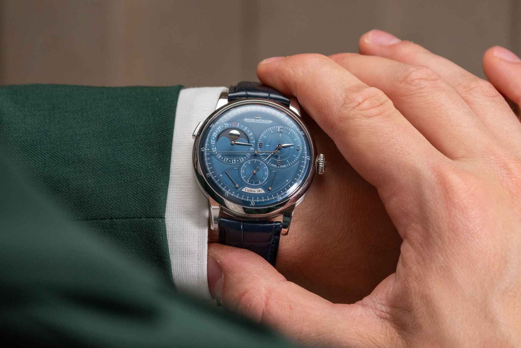 jaeger lecoultre duometre quantieme lunaire blue dial wrist