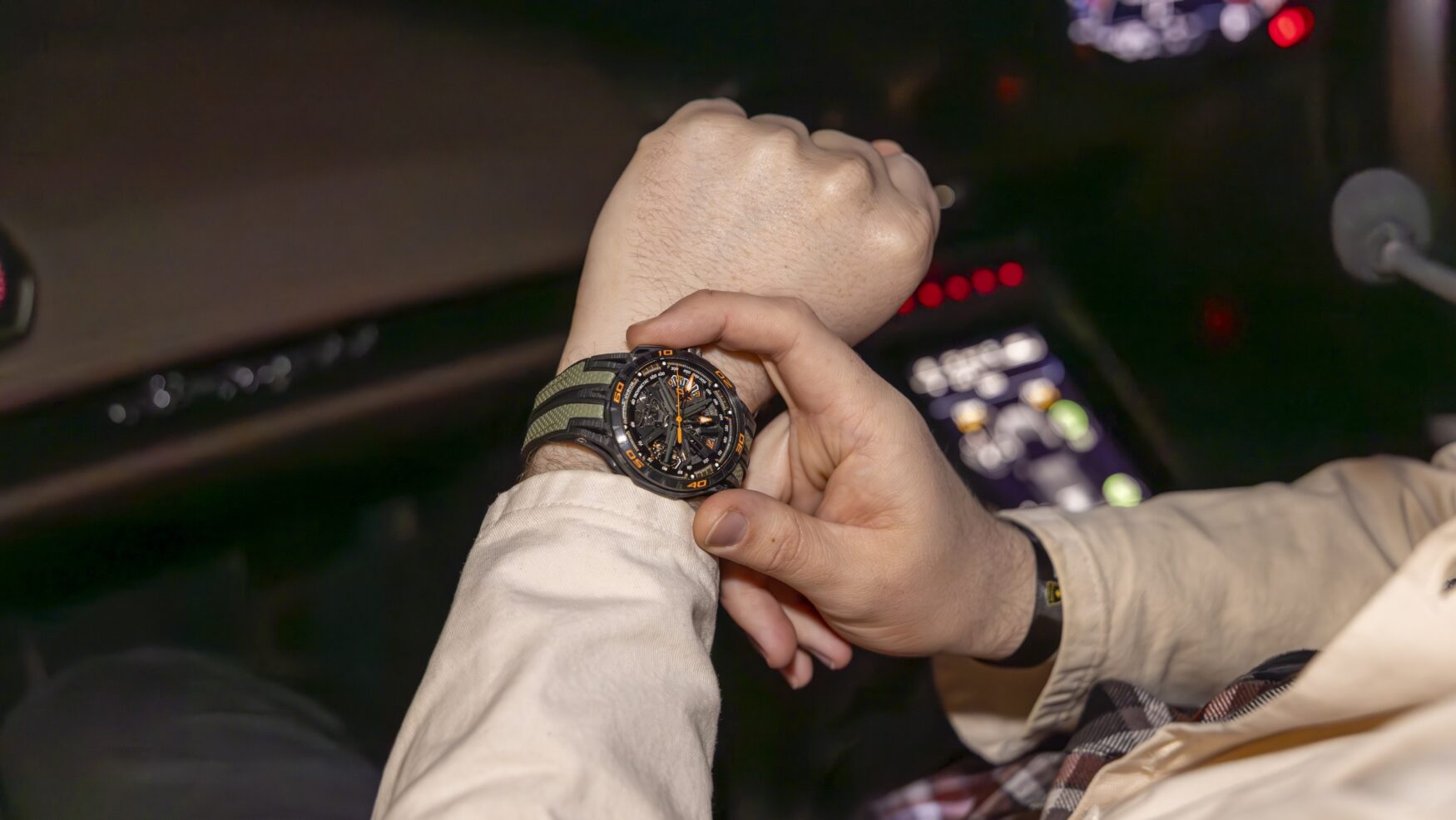 Timing Lamborghini hot laps with the Roger Dubuis Excalibur Spider Revuelto Flyback Chronograph