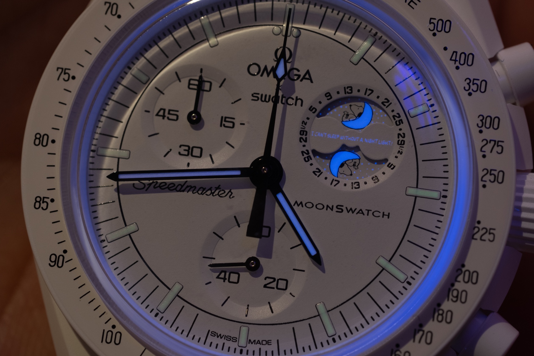 swatch omega moonswatch mission to the moonphase snoopy lume