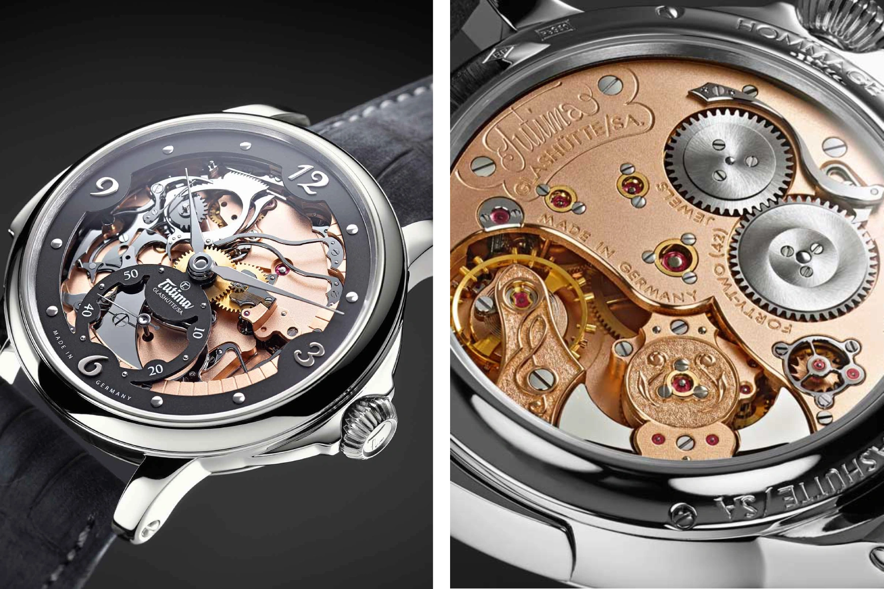 Two images of the Tutima Hommage Minute Repeater Platinum side-by-side, showing the dial and movement, respectively.