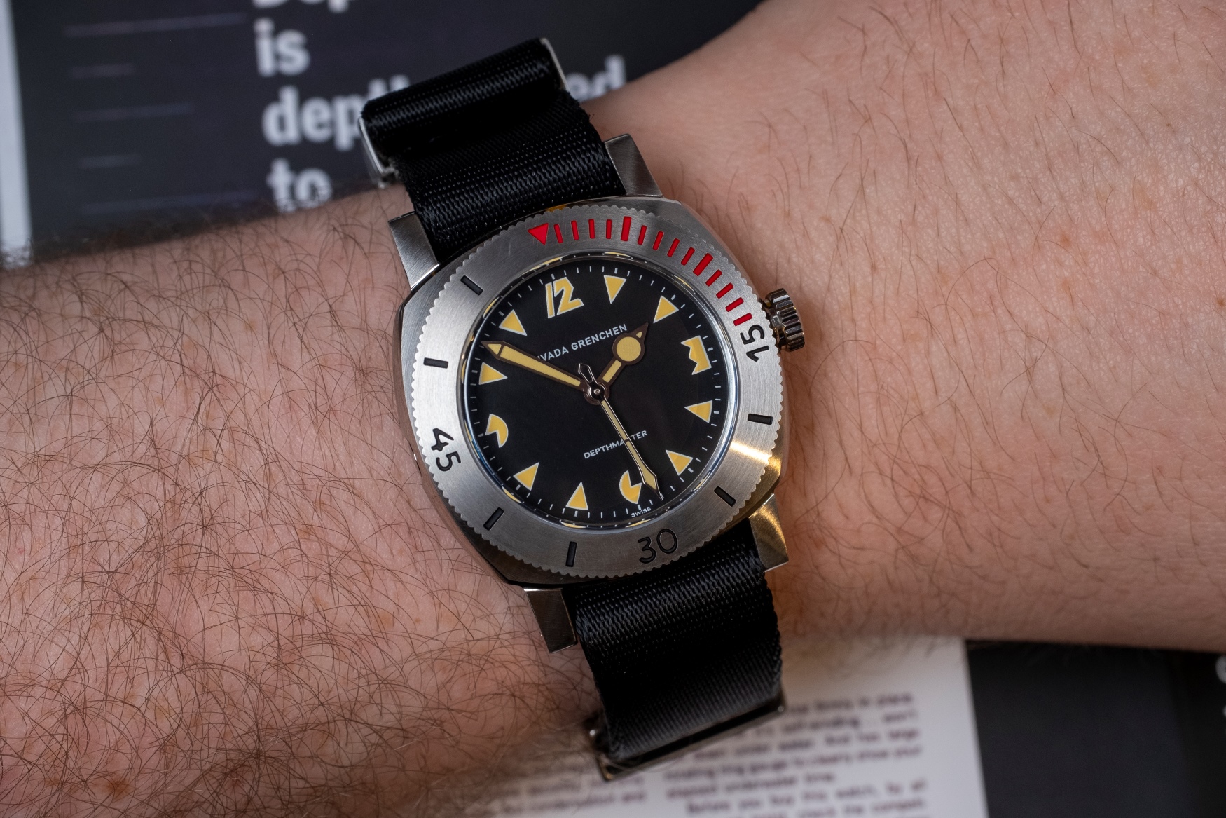 nivada grenchen depthmaster pacman on wrist