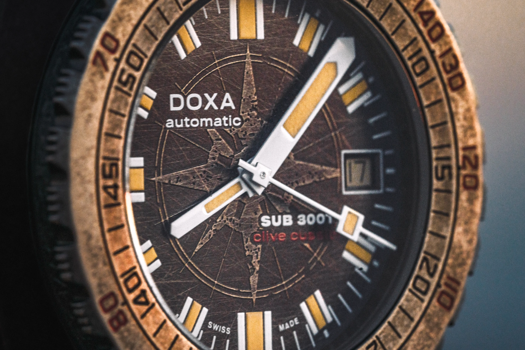 Doxa SUB 300T Sharkhunter Clive Cussler WWW dial closeup